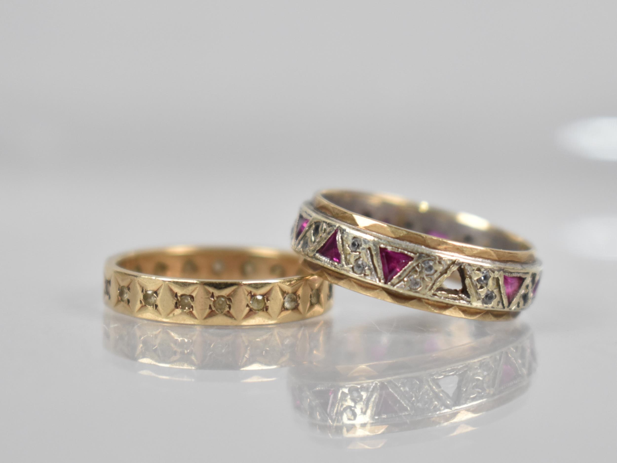 Two 9ct Gold Eternity Rings, One having Silver Inner Band, Triangular Cut Rubies and Small Round Cut