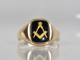 A 9ct Gold Masonic Signet Ring, Rectangular Onyx Panel Measuring 11.3mm by 9.4mm, Wide Shoulders