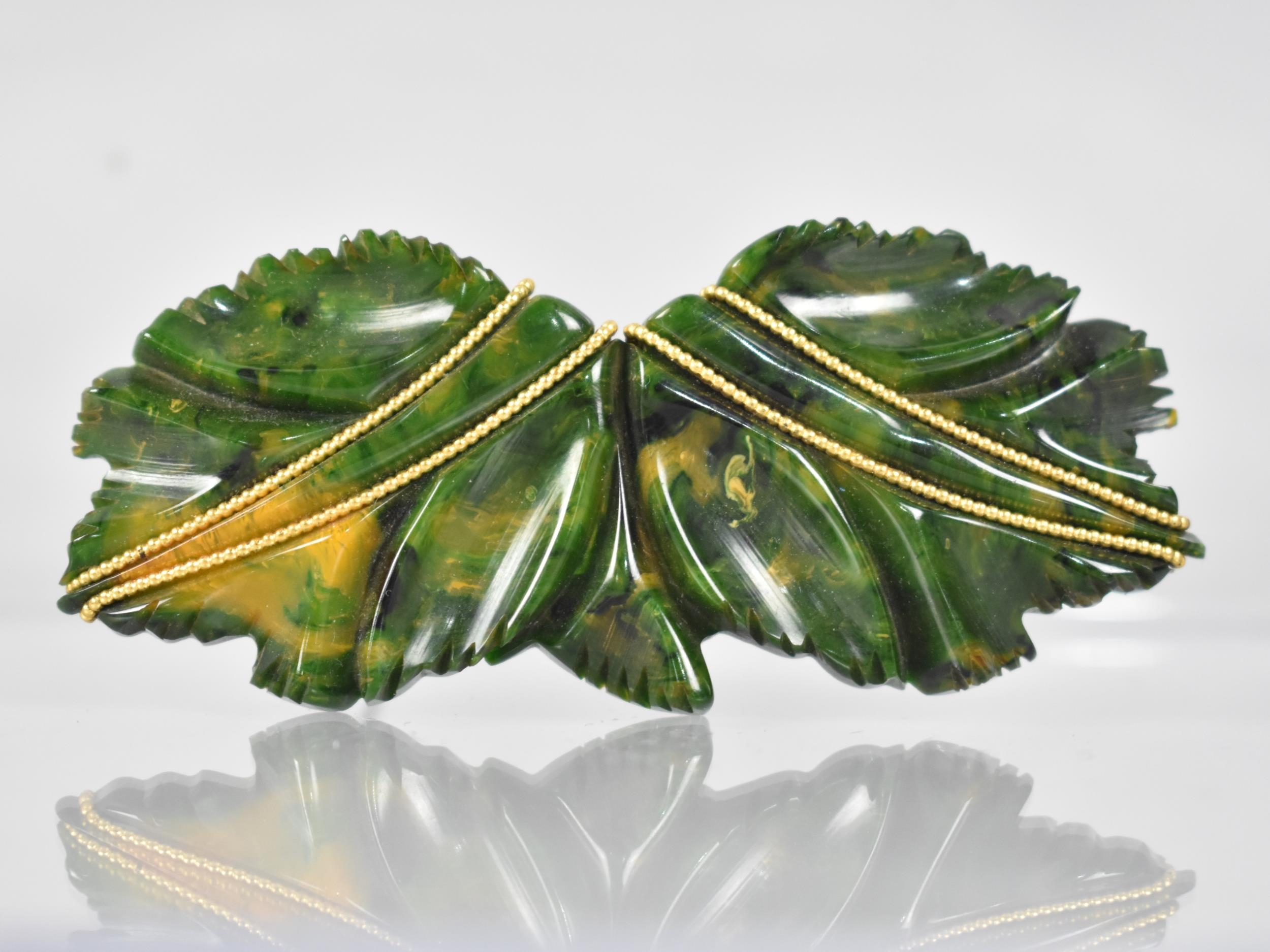 A 1930s Bakelite Brooch, Marbled Green and Yellow with Gold Metal Beaded Wire Inlay, Leaves, 84.3mm,