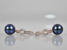 A Pair of Pearl, Diamond and 9ct Rose Gold Set Earrings, Round Purple/Blue Cultured Pearls Measuring