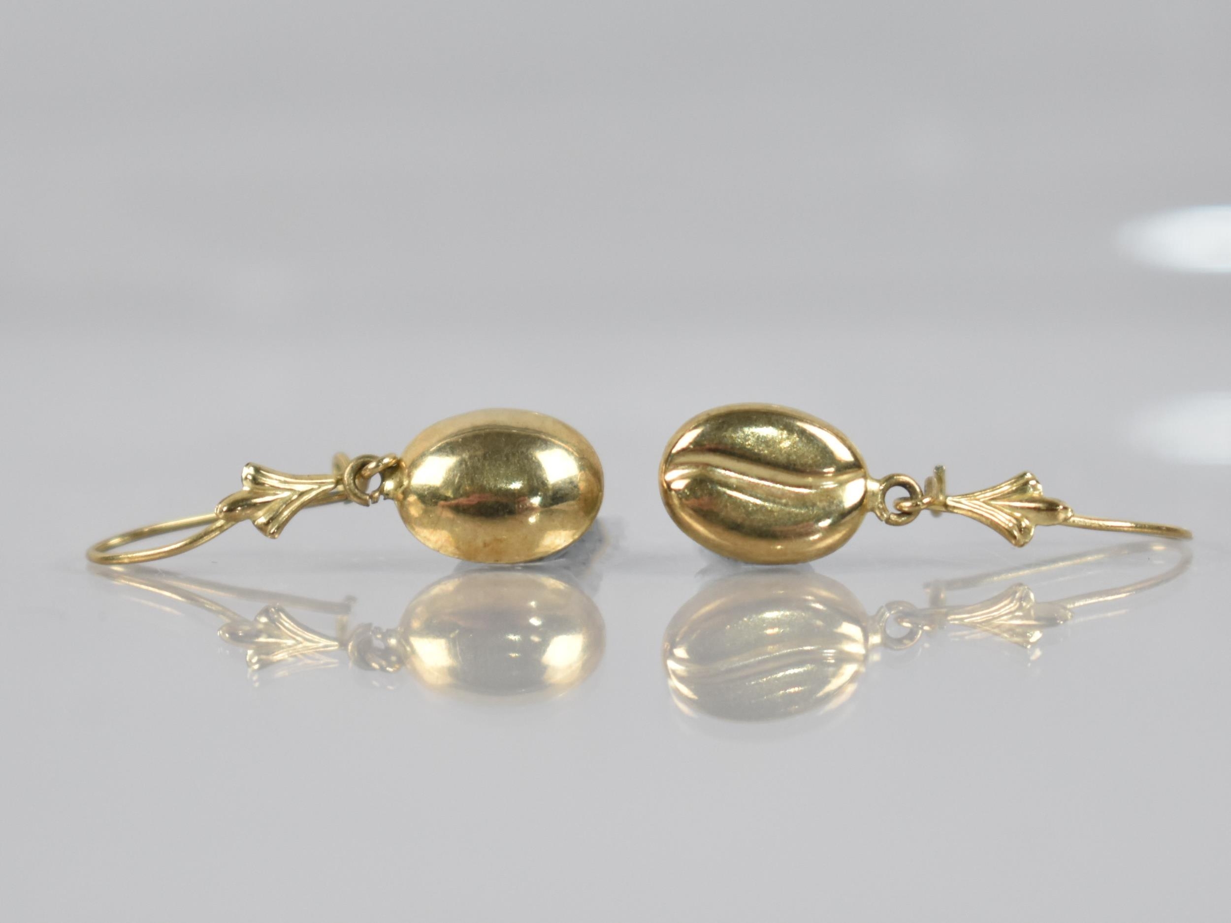 A Pair of Vintage Yellow Metal Coffee Bean Drop Earrings with Fish Hook Backs, 1gm - Image 2 of 2