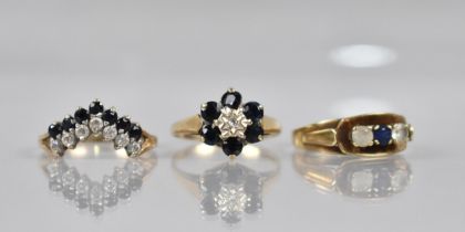A Collection of Three 9ct Gold and Dress Rings to include Sapphire and Diamond Cluster Example, Size