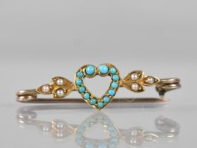 A 19th Century Turquoise and Seed Pearl Brooch Mounted in Unmarked Gold Metal, Central Heart with