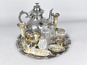 A Collection of Various Metalwares to Comprise Silver Topper Glass Bottles, Silver Plate Tray,