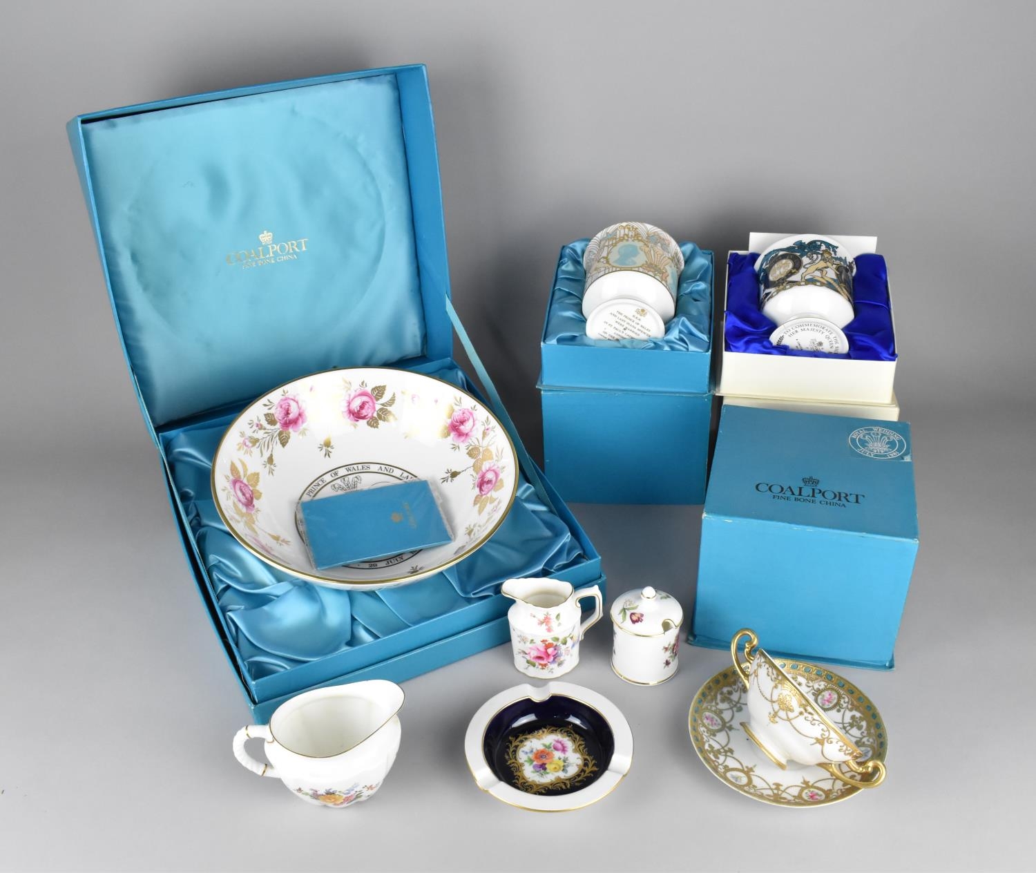 A Collection of Various Ceramics to Comprise Three Boxed Commemorative Coalport Goblets, Boxed