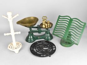 A Collection of Cast Metal Kitchen Items to Comprise Pan Scale with Brass Weights, Recipe Book