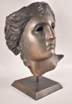 A Large Modern Bronzed Cast Metal Mask Sculpture of a Classical Maiden on Museum Style Stand,