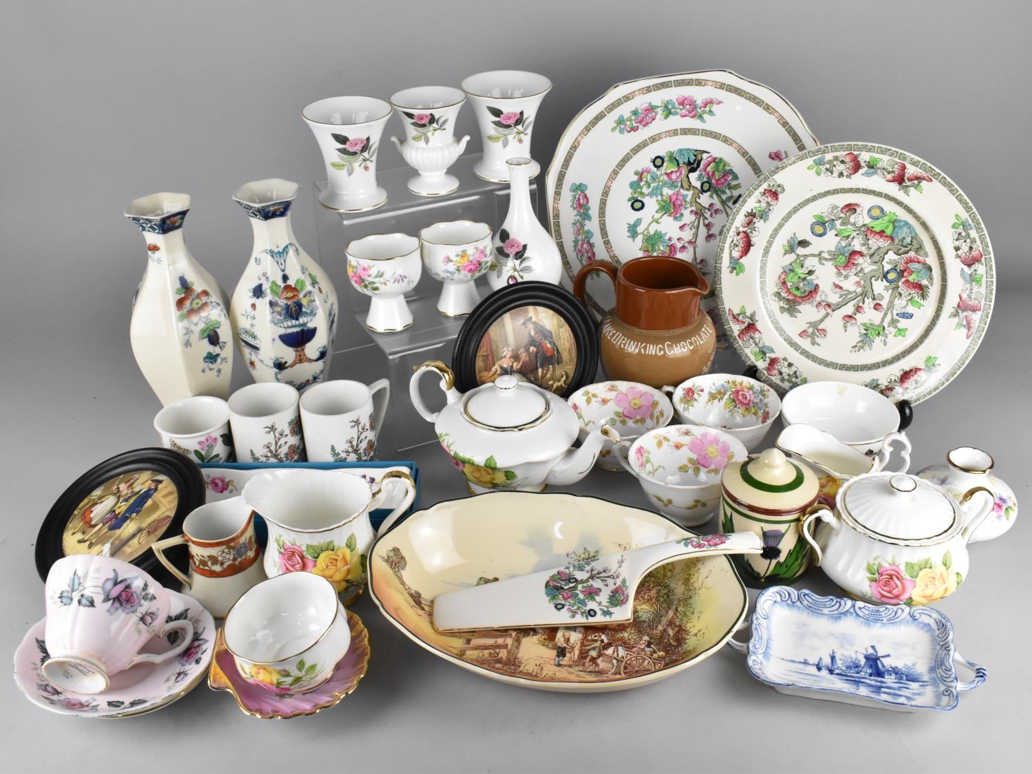 A Collection of Ceramics to Comprise Reproduction Framed Pot Lids, Wedgwood Hathaway Rose Vases,