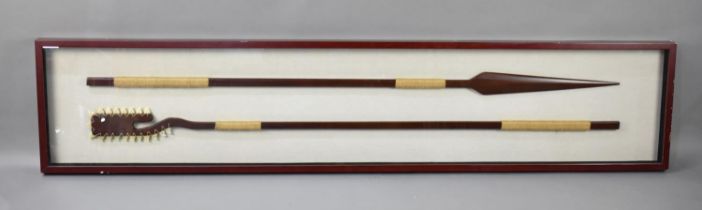 A Souvenir Cased Reproduction of a Spear and Axe with Tooth Effect Blade, 208x43cms