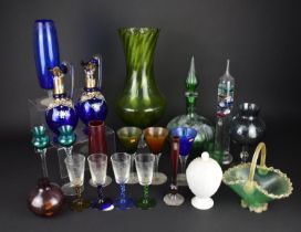 A Collection of Various Coloured Glass to Comprise Edwardian Blue Glass Ewers (Condition Issues),