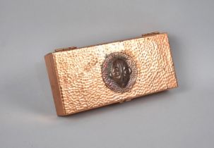 A Hand Beaten African Copper Box with Mask Decoration to Hinged Lid, Probably Ghana, 23cms Wide