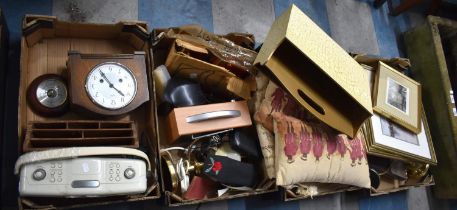 Four Boxes of Various Sundries to Comprise Mantle Clock, Radio, Scatter Cushions, Magazine Rack etc