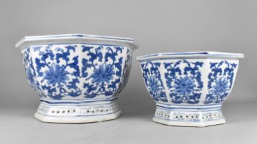 Two Modern Graduated Blue and White Octagonal Bowls, Largest 38cms Wide and 24cms High
