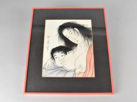 A Framed Japanese Ink and Watercolour Depicting Mother Nursing Child, Subject 17x21.5cms
