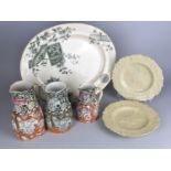 Two English Pottery Leafware Plates Together with a Aesthetic Transfer Printed Platter and Three