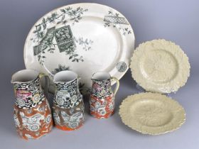 Two English Pottery Leafware Plates Together with a Aesthetic Transfer Printed Platter and Three