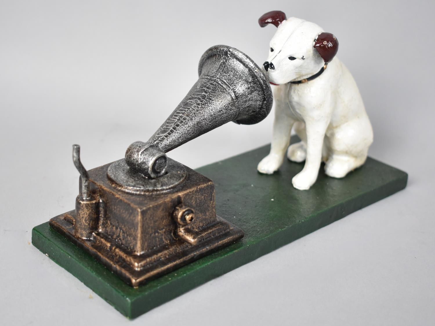 A Reproduction Cold Painted Cast Iron HMV Dog and Gramophone as Made by Rogers Foundry,
