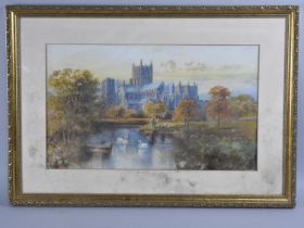 A Framed Watercolour Depicting Wells Cathedral with Swans and Figures to Foreground, 50x29cms,
