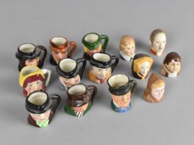 A Collection of Nine Miniature Character Jugs together with Five Ceramic Head Thimbles