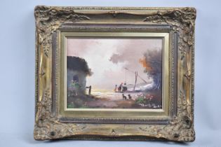 A Gilt Framed Oil on Canvas Depicting Figures Taking Water from Well, 23x17cms
