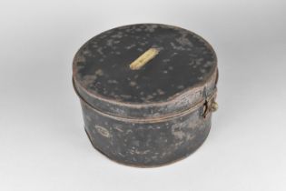 A Late 19th Century Black Painted Metal Circular Hat Tin with Brass Inscribed Label to Hinged Lid,