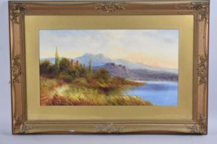 A Gilt Framed Oil, Highland Landscape with Castle Ruin, 45x25cms