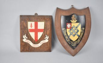 Two Mid 20th Century Wall Hanging Heraldic Shields, Help Yourself and Heaven with Help You, and Iron