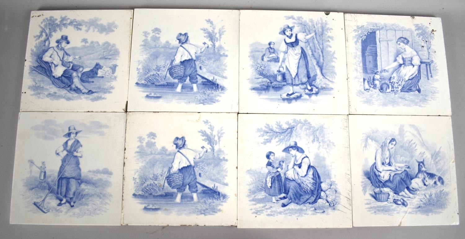 A Set of Eight Mintons Blue and White Transfer Printed Tiles Depicting Figures in Rural Locations,