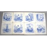 A Set of Eight Mintons Blue and White Transfer Printed Tiles Depicting Figures in Rural Locations,