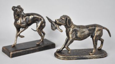 Two Bronze Patinated Cast Iron Dog Ornaments, Sporting Dog with Pheasant and Greyhound, 18cms