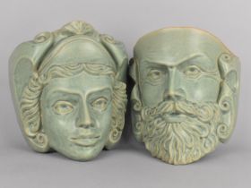 A Pair of Glazed Stoneware Mask Head Wall Hanging Planters, in Celadon Glaze, 22cm high