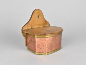 A Wall Hanging Copper and Brass Salt Box with Hinged Wooden Lid, 14cms Wide