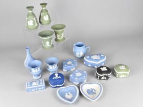 Seventeen Pieces of Wedgwood Jasperware to Comprise Vases, Lidded Boxes, Dishes etc