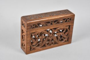 A Carved and Pierced Wooden Box, Hinged Lid Inscribed Postcards, 16.5cms Wide