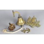 A Collection of Brass Ornaments to include Wall Mounting Ships Type Bell, Ships Wheel Nut Cracker,