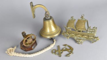 A Collection of Brass Ornaments to include Wall Mounting Ships Type Bell, Ships Wheel Nut Cracker,