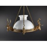 A Mid 20th Century Gilt Metal Ceiling Hanging Light Shade with three Stags Head Mounts, Unrelated