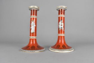A Pair of Late 19th Century of Prattware Candlesticks Decorated with Classical Figures on Coral