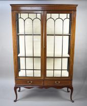 An Edwardian String Inlaid Display Cabinet with Two Base Drawer and Cabriole Supports and Dentil