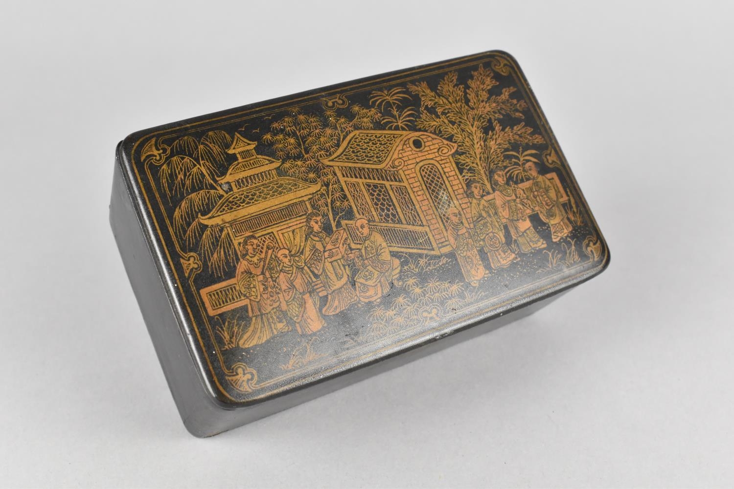 A 19th Century Chinoiserie Lacquered Rectangular Box, the Hinged Lid Decorated with Oriental Scene