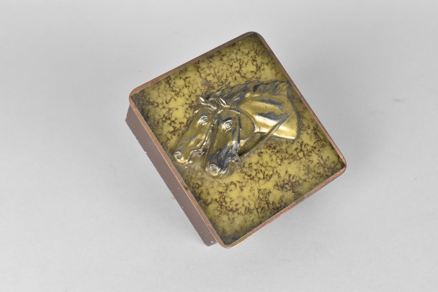 A Mid 20th Century Box with Mounted Cast Bronzed Horse Head on Faux Marble Ground, 10x10.5x4cms High
