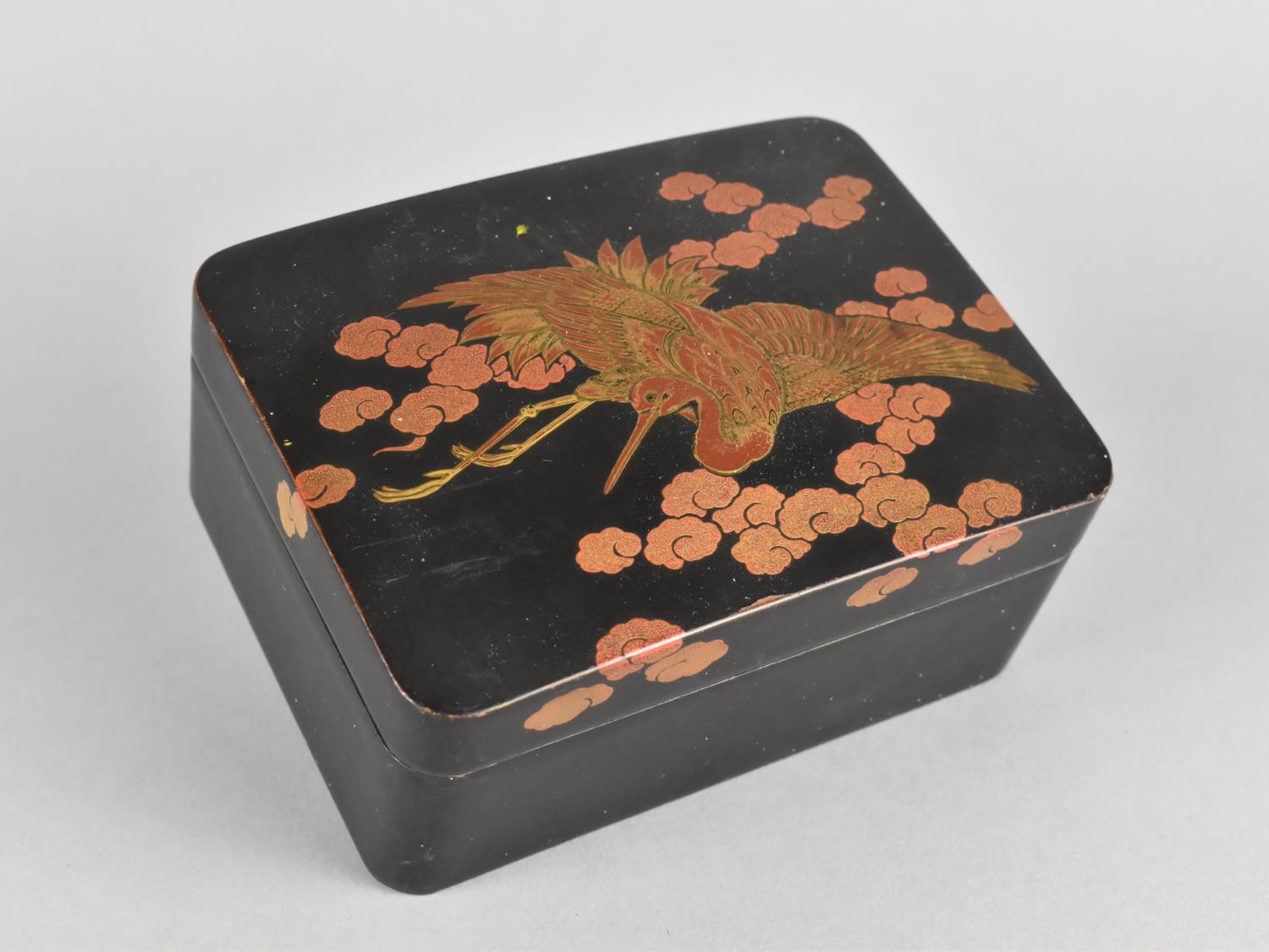 An Early/Mid 20th Century Japanese Lacquered Box with Crane Decoration to Top, 12x9x5cms High