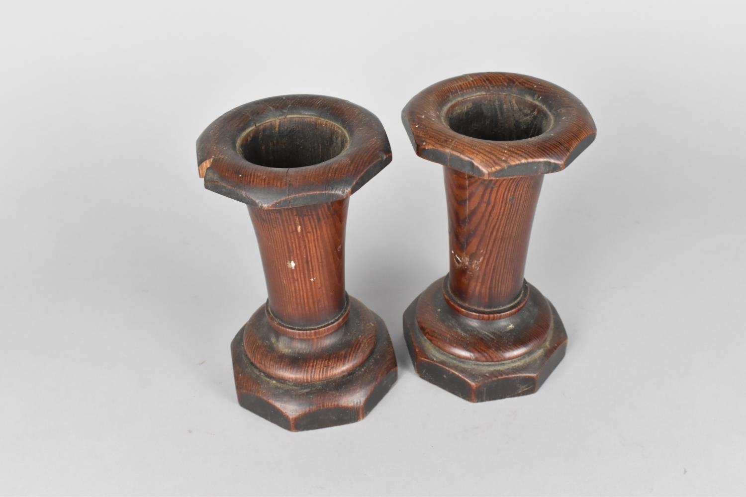 A Pair of Turned Mahogany Vases of Flared Form Supported on Octagonal Base, Varying Condition Issues - Image 2 of 2