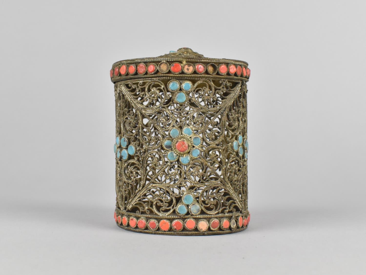 A Late 19th Century White Metal Cylindrical Filigree Box with Turquoise and Coral Cabochons, 9cms - Image 2 of 4