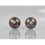 A Pair of Chocolate Pearl Earrings Mounted to Centre with Single Round Cut Diamond Measuring