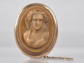 A 19th Century Grand Tour Lava Cameo in High Relief Depicting Maiden in Headdress, Rose Gold Plate