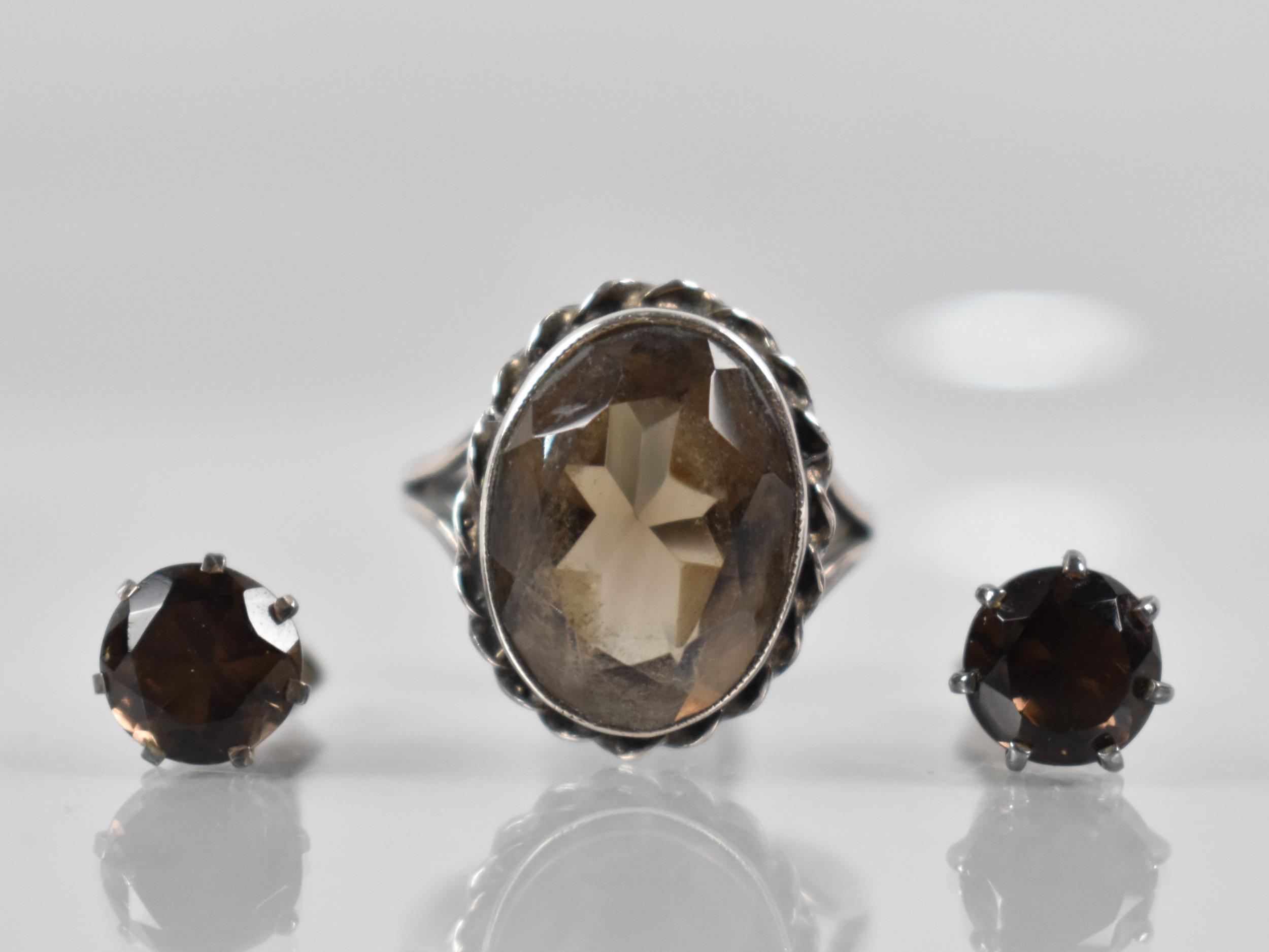 A Matched Suite Smokey Quartz Jewellery, Silver Mounted Ring with Oval Cut Stone Measuring 15.8mm by - Image 3 of 3