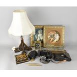A Collection of Sundries to Comprise Pair of Gilt Framed Printed Plaques, Oak Table Lamp and