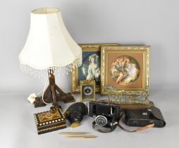 A Collection of Sundries to Comprise Pair of Gilt Framed Printed Plaques, Oak Table Lamp and