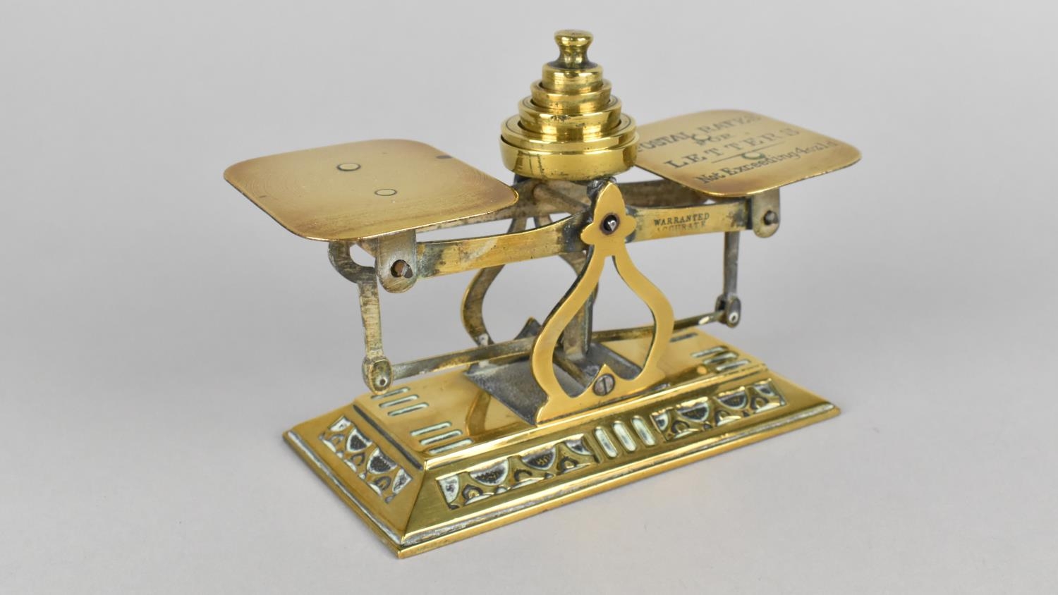 An Edwardian Brass Postage Scale on Rectangular Brass Plinth, Complete with Weights, 16cms High